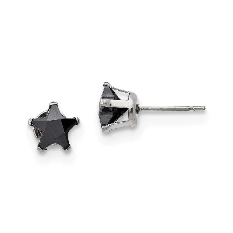 women’s heart-shaped earrings-Stainless Steel Polished 7mm Black Star CZ Stud Post Earrings