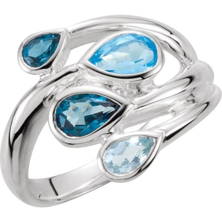 women’s aquamarine ring-Sterling Silver Natural Sky Blue, Natural London Blue & Natural Swiss BlueTopaz Bypass Ring