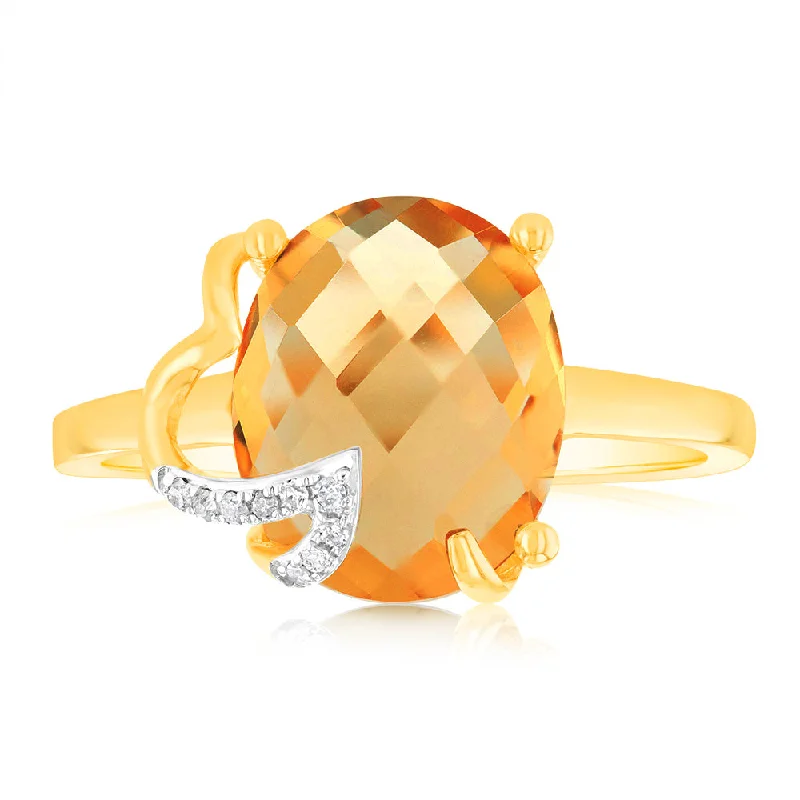 9ct Yellow Gold Natural Citrine And Diamond Ring