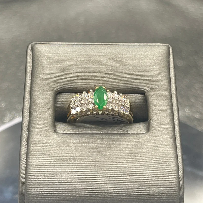 14K Yellow Gold Marquise Cut Emerald And Diamond Ring Pyramid Style Ring Green & White