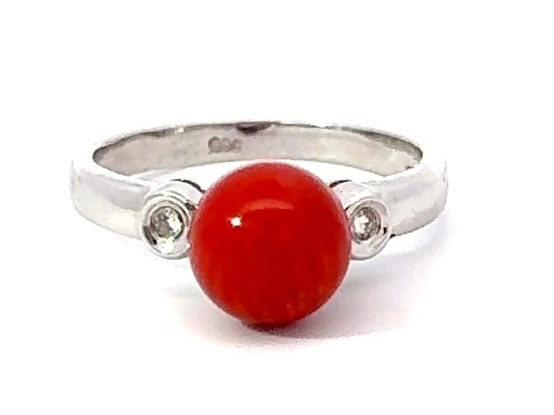 Red Aka Coral Sphere and Diamond Ring 14k White Gold