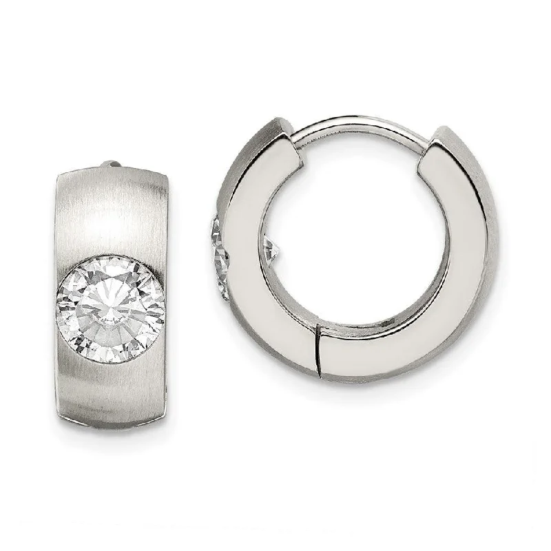 women’s zodiac earrings-Stainless Steel CZ Brushed & Polished Round Hinged Hoop Earrings