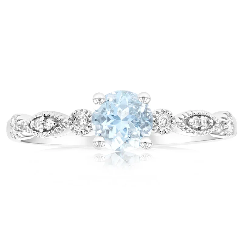 9ct White Gold Round Cut 0.45ct Aquamarine and Diamond Ring