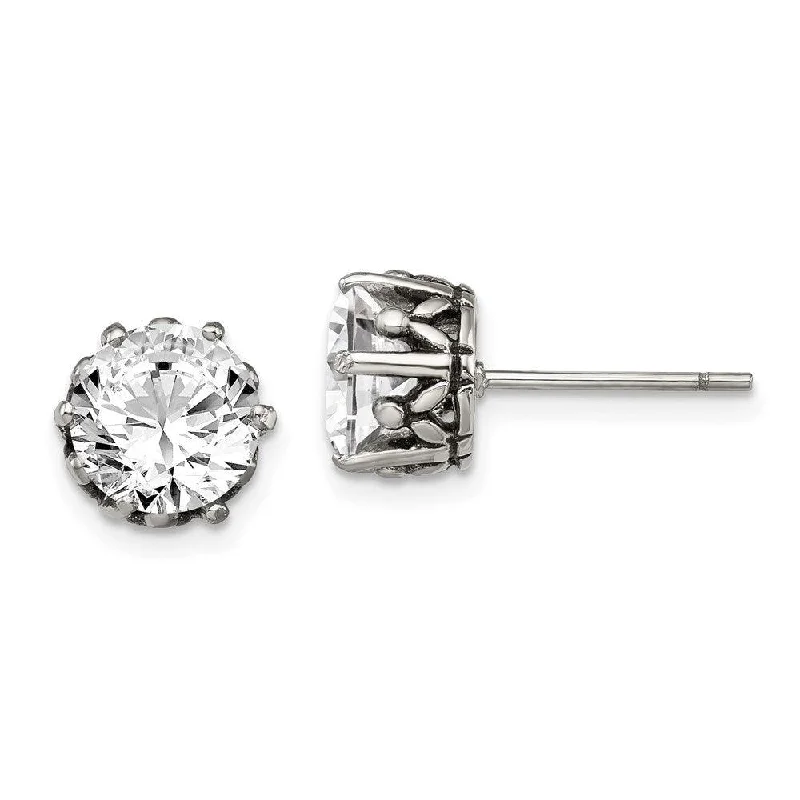 women’s circular earrings-Stainless Steel Antiqued Round CZ Post Earrings