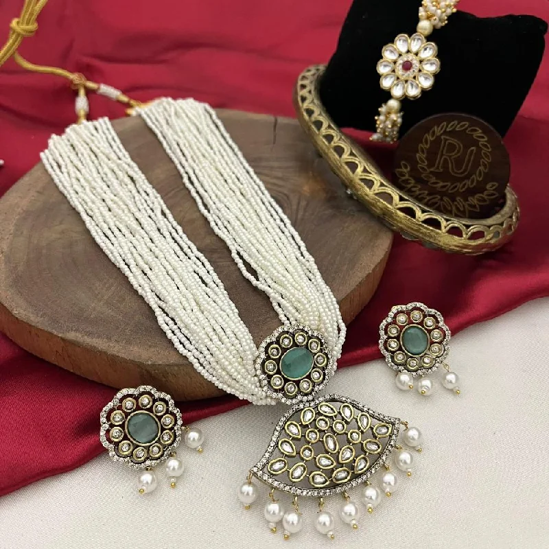 women’s engraved necklace-FS Collection Silver Plated Gold Plated Kundan Stone And Pearls Necklace Set