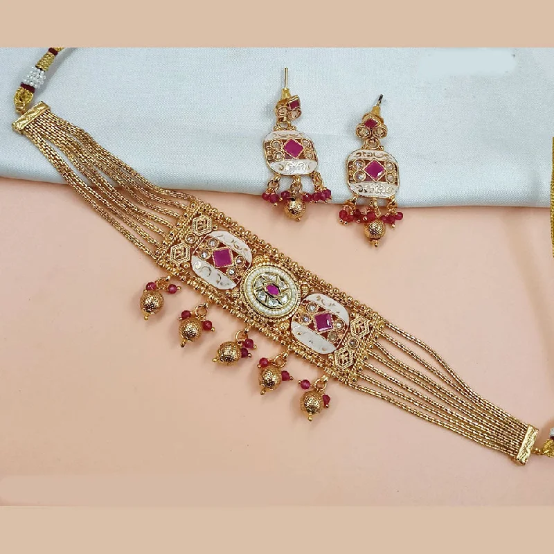 women’s gemstone layered necklace-Padmawati Bangles Gold Plated Pota Stone Meenakari Choker Necklace Set