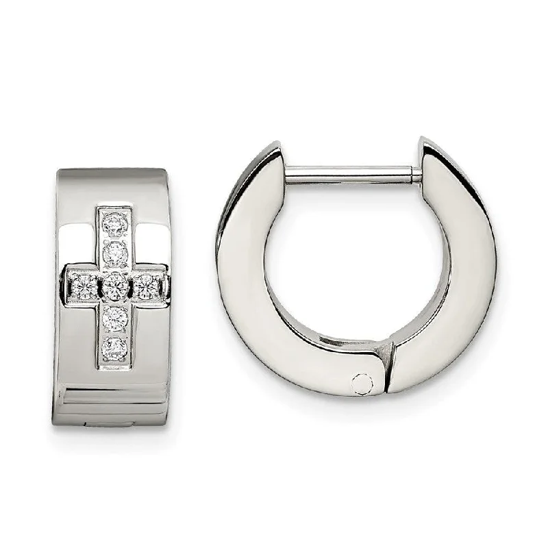 women’s luxury earrings-Stainless Steel CZ Cross Brushed & Polished Hinged Hoop Earrings