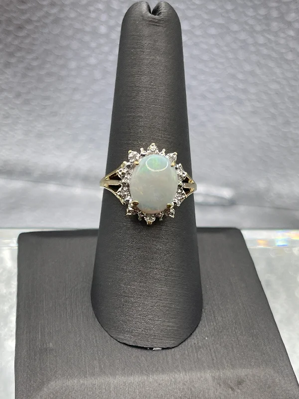 Ladies 14 Karat Yellow Gold Opal and Diamond Ring