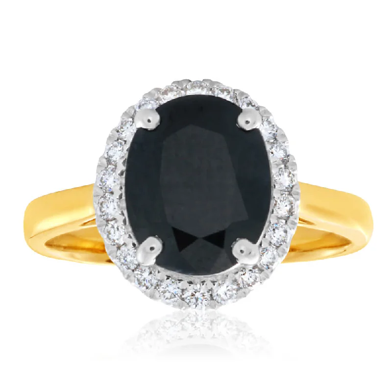 9ct Yellow Gold Diamond 3.75ct Natural Black Sapphire and 1/4 Carat Diamond Ring