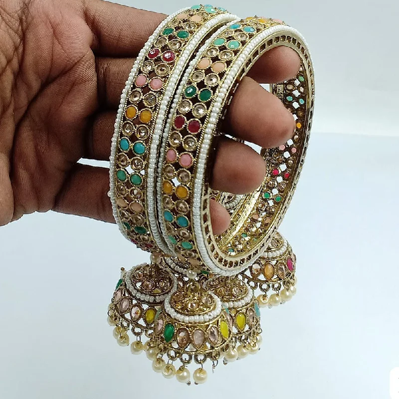 women’s bridal engagement rings-women’s leather cuff bracelet-Jcm Gold Plated Crystal Stone And Pearls Bangles Set