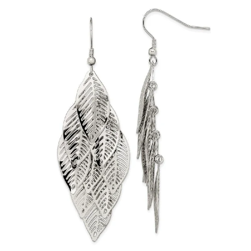 women’s diamond drop earrings-Stainless Steel Polished Leaves Dangle Shepherd Hook Earrings