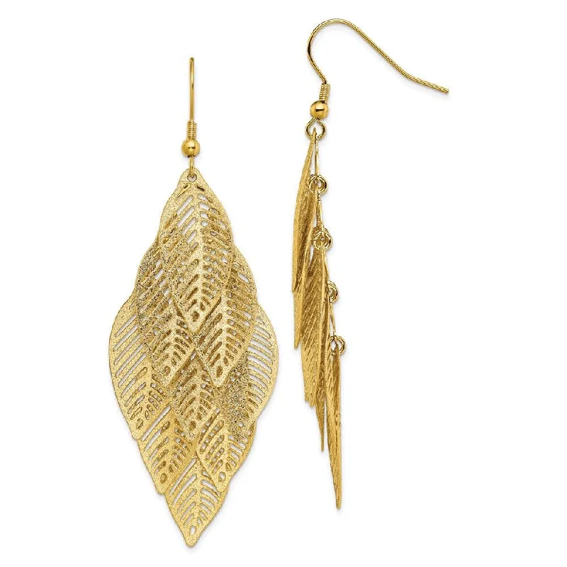 women’s rhinestone earrings-Stainless Steel Polished and Textured Yellow IP Leaves Dangle Earrings