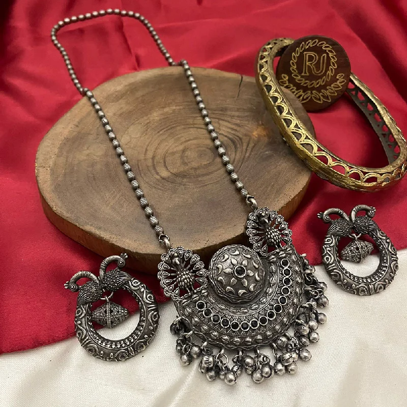 women’s birthstone pendant necklace-FS Collection Oxidised Plated Pota Stone Long Necklace Set