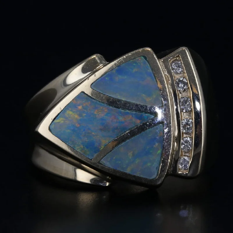 Inlayed Blue Green Opal Mosaic Diamond Ring 14k Yellow Gold Size 7