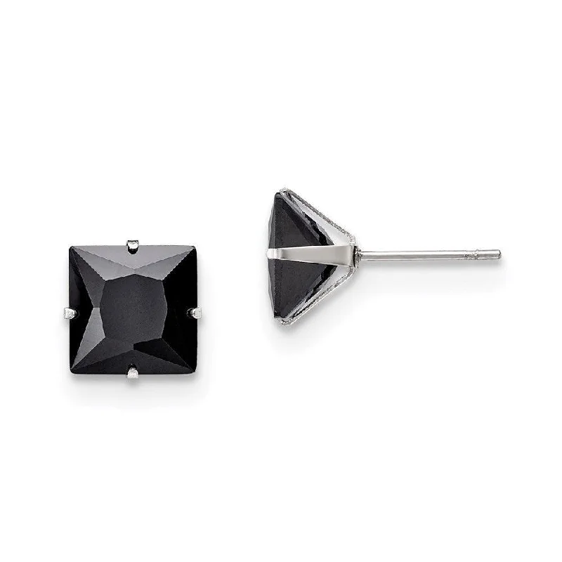 women’s butterfly earrings-Stainless Steel Polished 9mm Black Square CZ Stud Post Earrings