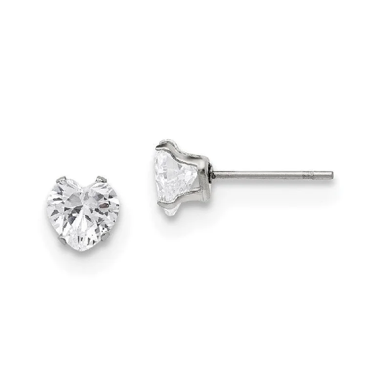 women’s butterfly stud earrings-Stainless Steel Polished 6mm Heart CZ Stud Post Earrings