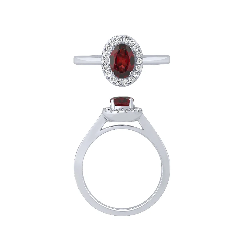 women’s emerald cut ring-14K White Gold Garnet And Diamond Halo Ring