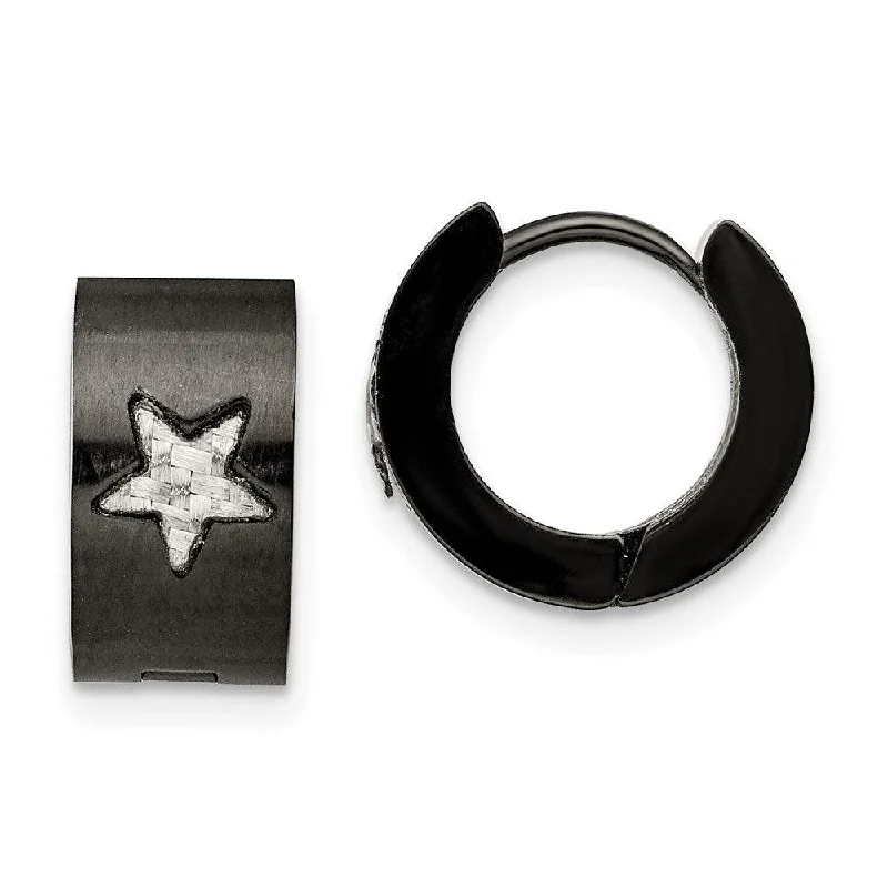 women’s jade earrings-Stainless Steel Black IP plated Star Hinged Hoop Earrings