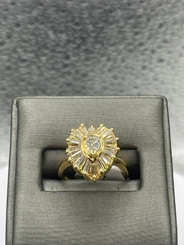 18 Karat Yellow Gold Diamond Ring Pear Shaped Diamond With Baguettes Gorgeous Heart Ring