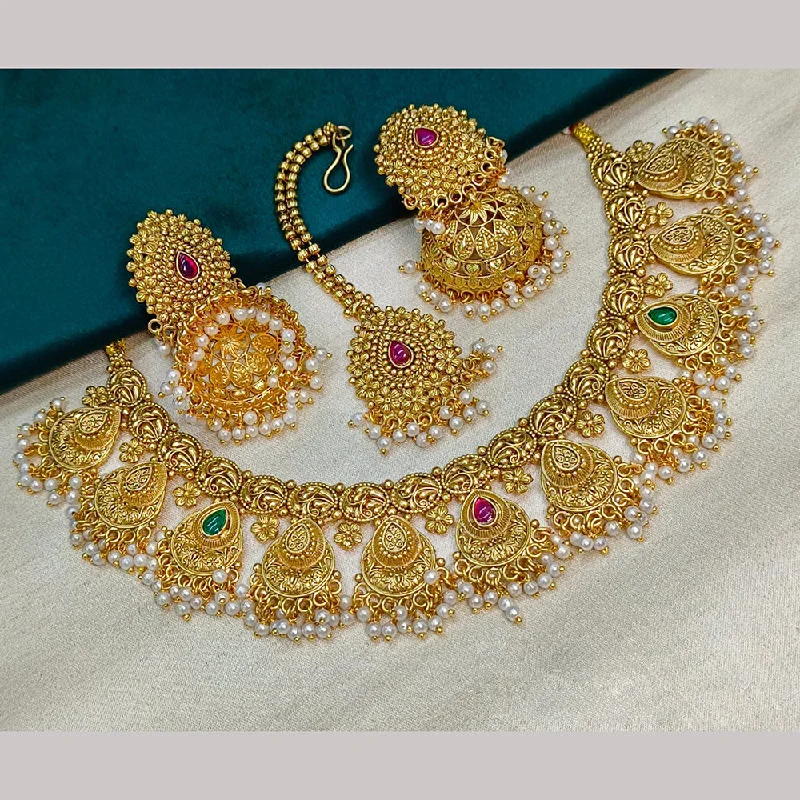 women’s personalized necklace-Royal Kundan Jewellery Gold Plated Pota Stone And Pearls Necklace Set