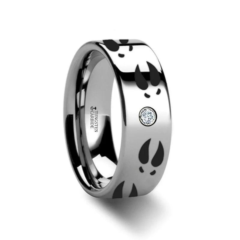 CARLSBAD Deer Print Animal Track Engraved Flat Tungsten Diamond Ring - 6mm - 8mm