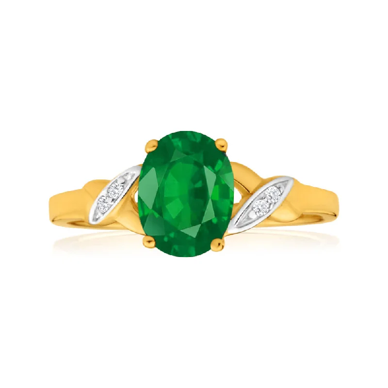 9ct Yellow Gold Oval Created Emerald + Diamond Ring