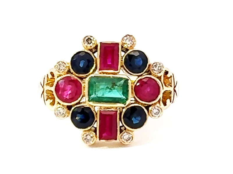 Ruby Emerald Sapphire Diamond Ring 18k Yellow Gold