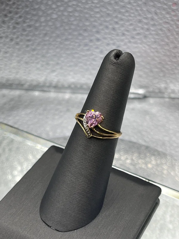 Ladies 10 Karat Yellow Gold Pink Topaz and Diamond Ring