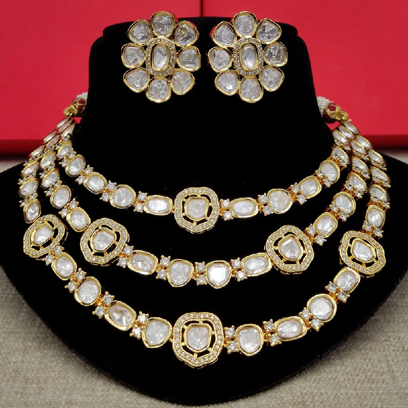 women’s silver necklace-Amoliya Jewels Gold Plated Polki Kundan Stone Multi Layer Necklace Set