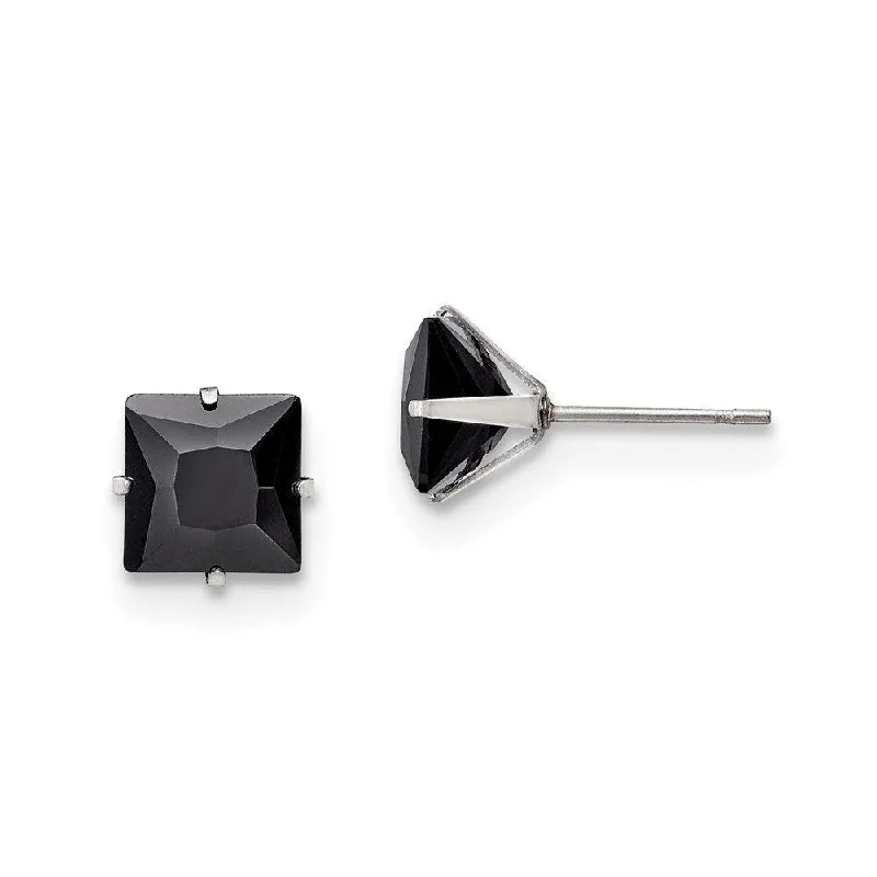 women’s flower earrings-Stainless Steel Polished 8mm Black Square CZ Stud Post Earrings