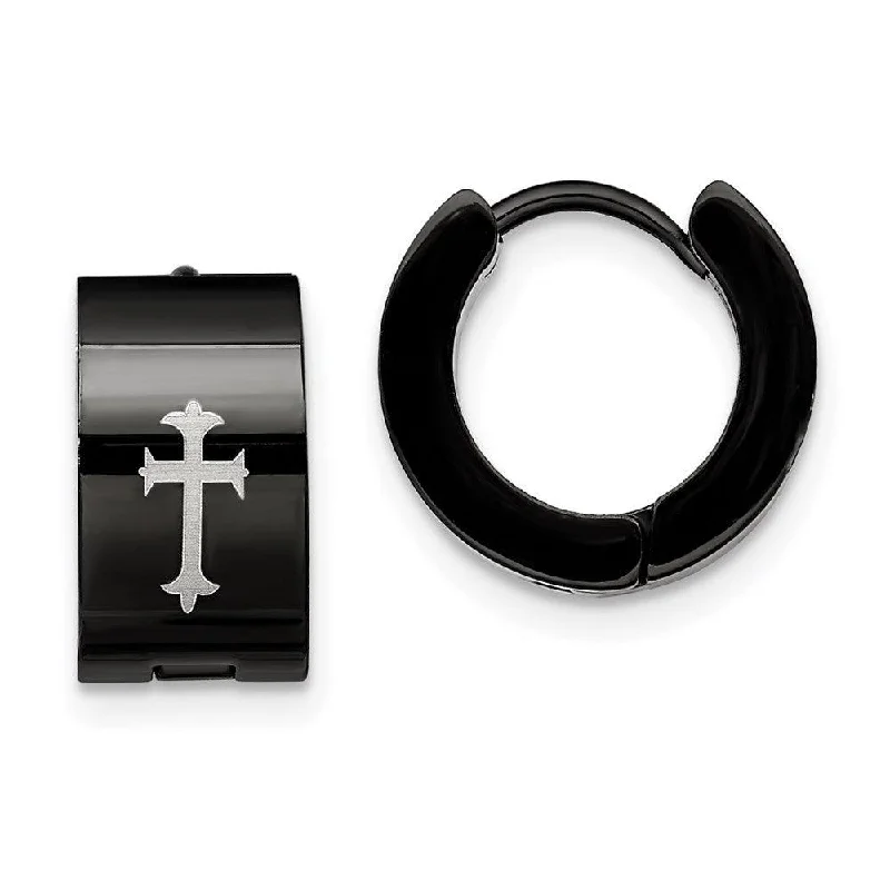 women’s vintage hoop earrings-Stainless Steel Black IP-plated Round Hinged Hoop w/ Cross Earrings