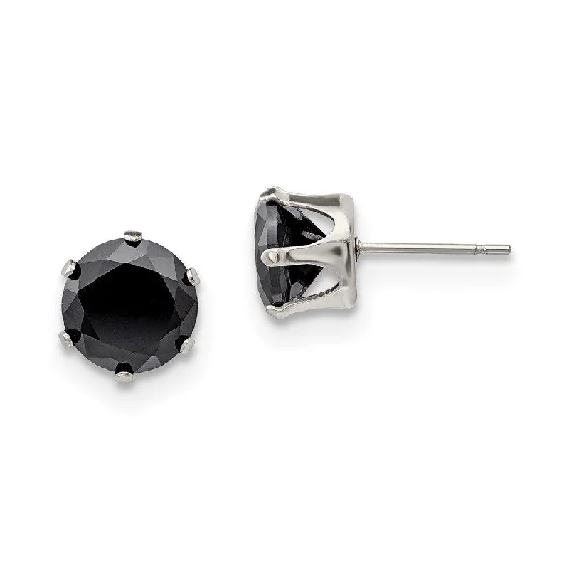 women’s birthday gift earrings-Stainless Steel Polished 9mm Black Round CZ Stud Post Earrings