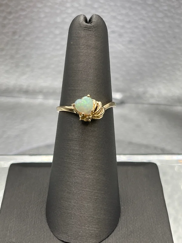 Ladies 14 Karat Yellow Gold Heart Shaped Opal & Diamond Ring