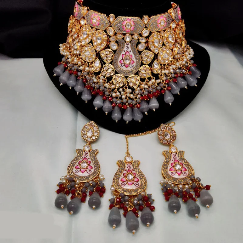 women’s two-tone necklace-Amoliya Jewels Gold Plated Polki Kundan Stone And Beads Meenakari Choker Necklace Set