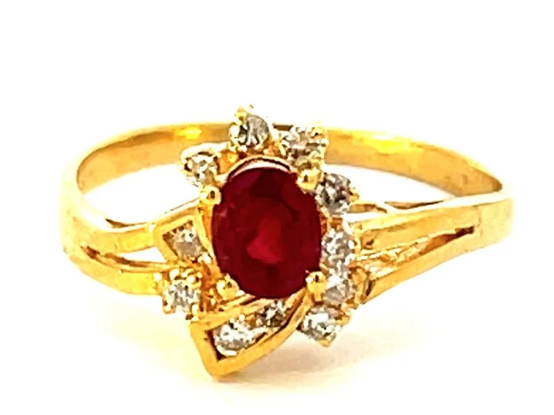 Red Ruby and Diamond Ring in 14k Yellow Gold