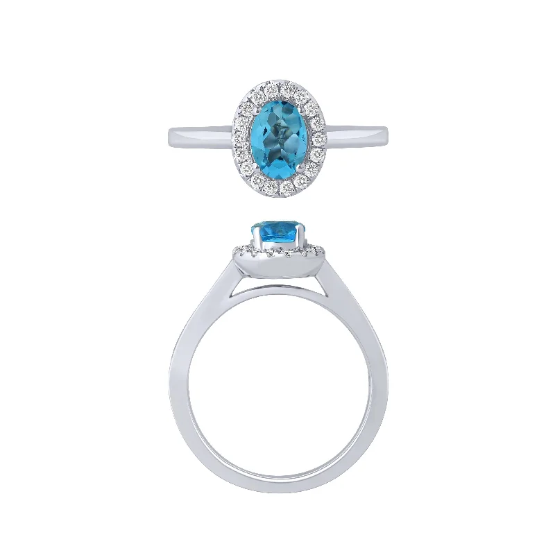 women’s modern rings-14K White Gold Blue Topaz And Diamond Halo Ring