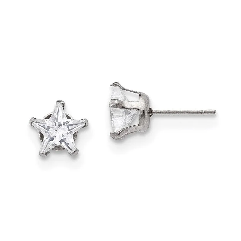 women’s sapphire earrings-Stainless Steel Polished 8mm Star CZ Stud Post Earrings