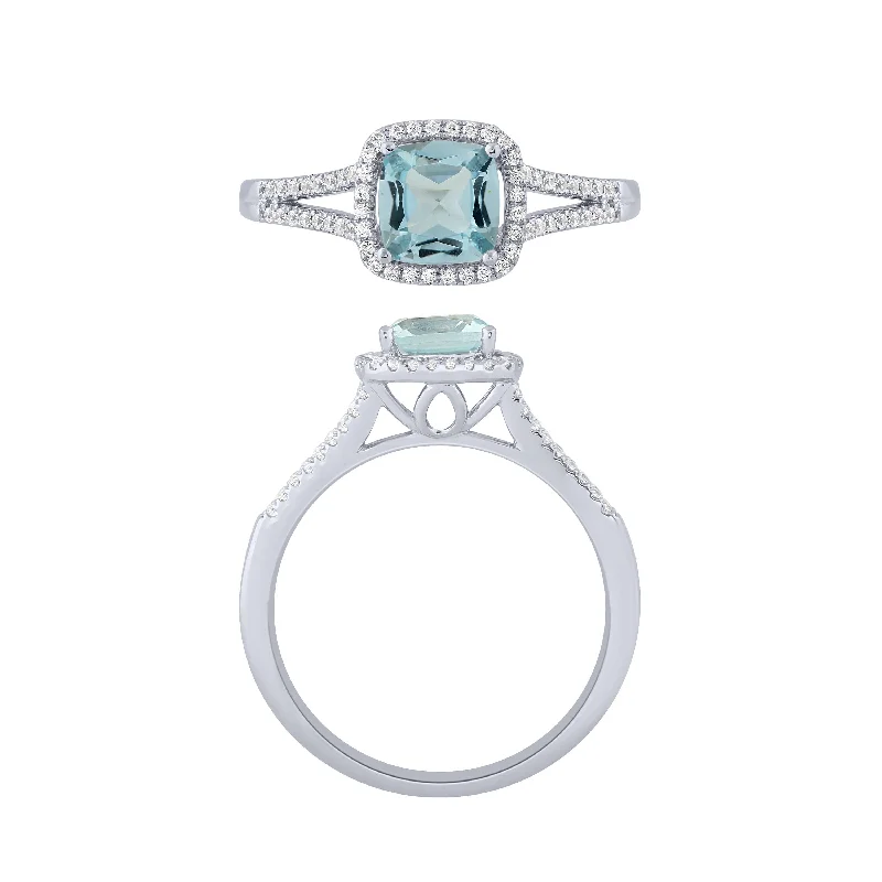 women’s aquamarine ring-14K White Gold 1.25Ct Topaz /0.20Ctrd Diamond Halo Ring