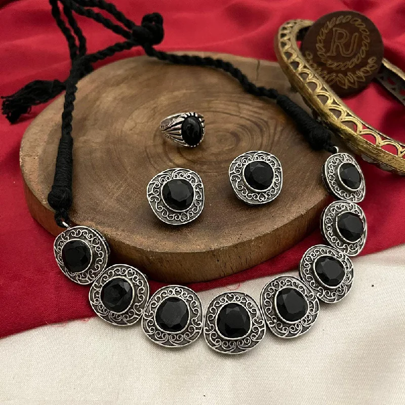 women’s elegant necklace-FS Collection Oxidised Plated Pota Stone Necklace Set