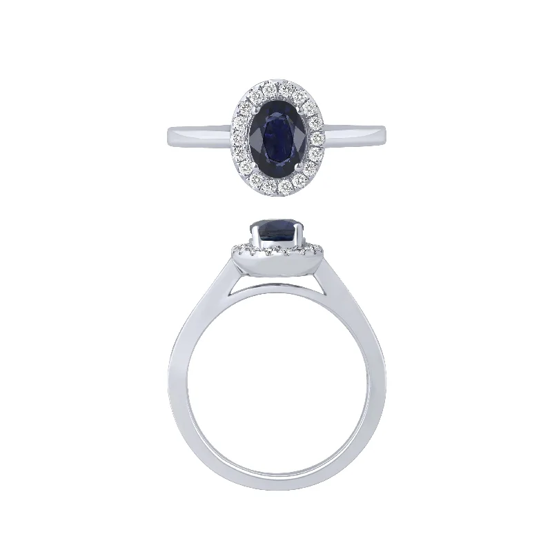 women’s unique engagement rings-14K White Gold Sapphire And Diamond Halo Ring