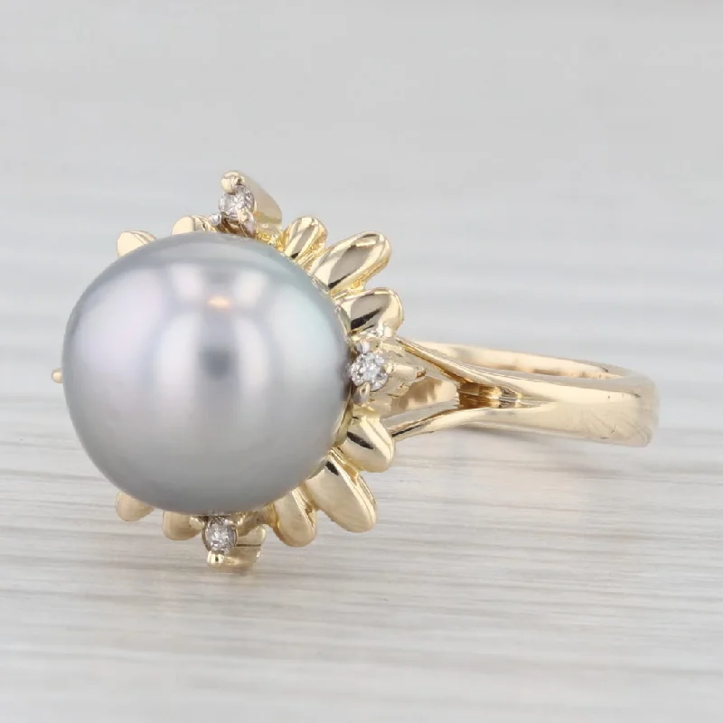 Gray Cultured Pearl Diamond Ring 14k Yellow Gold Size 6.5