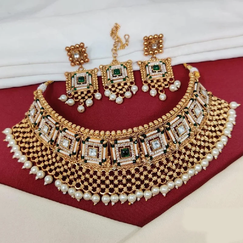 women’s emerald necklace-Manisha Jewellery Gold Plated Pota Stone And Pearls Choker Necklace Set