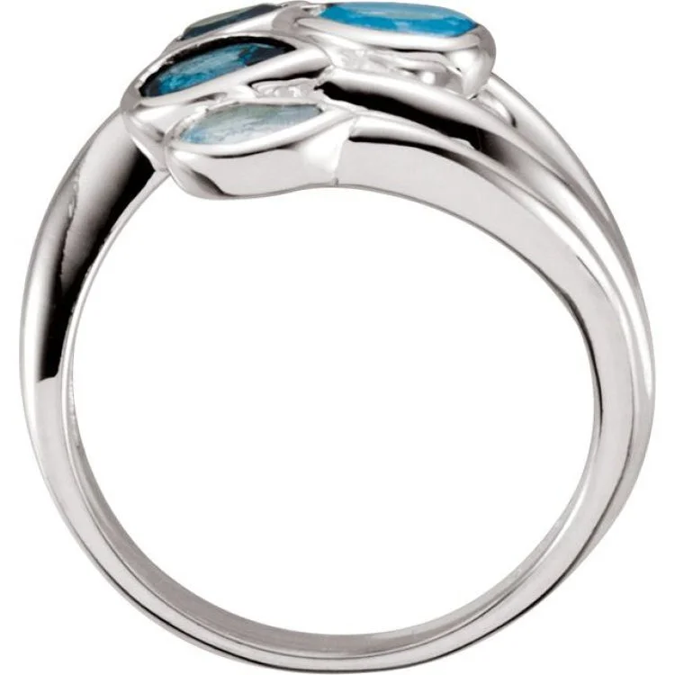 women’s stacking rings-Sterling Silver Natural Sky Blue, Natural London Blue & Natural Swiss Blue Topaz Bypass Ring