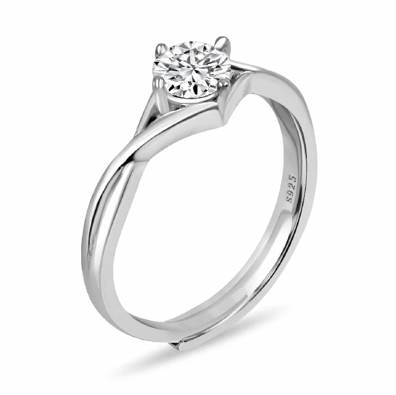 women’s bridal rings-Classic Minimal Silver Solitaire Ring With AD