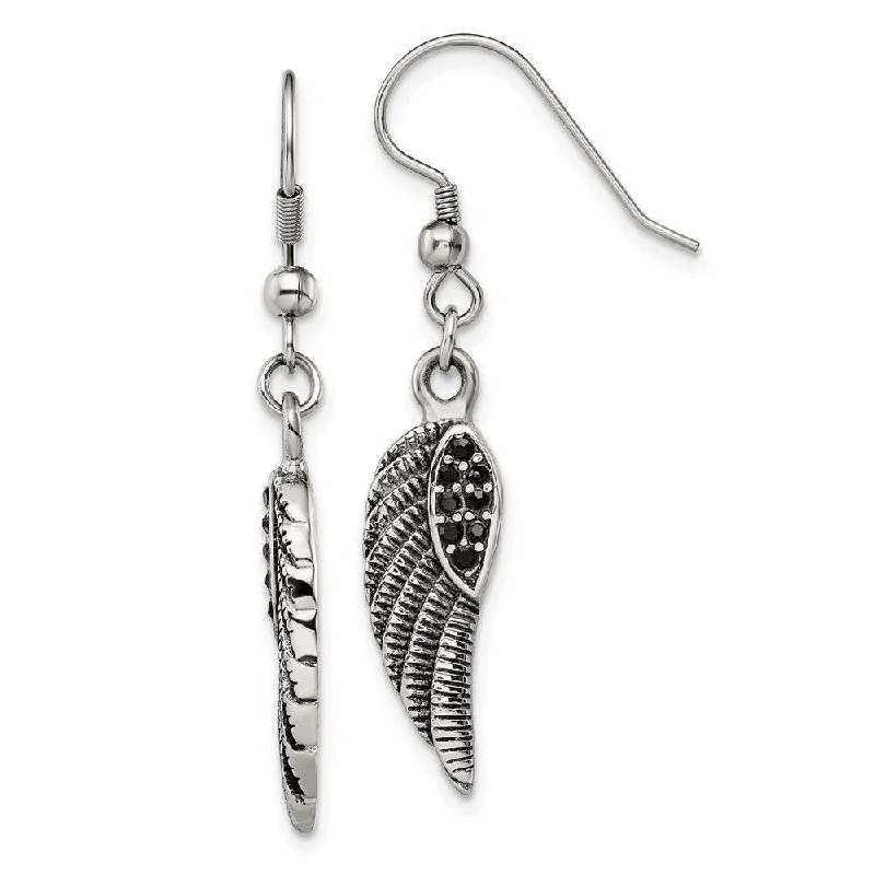 women’s silver earrings-Stainless Steel Antiqued & Polished w/Black Crystal Wings Dangle Earrings