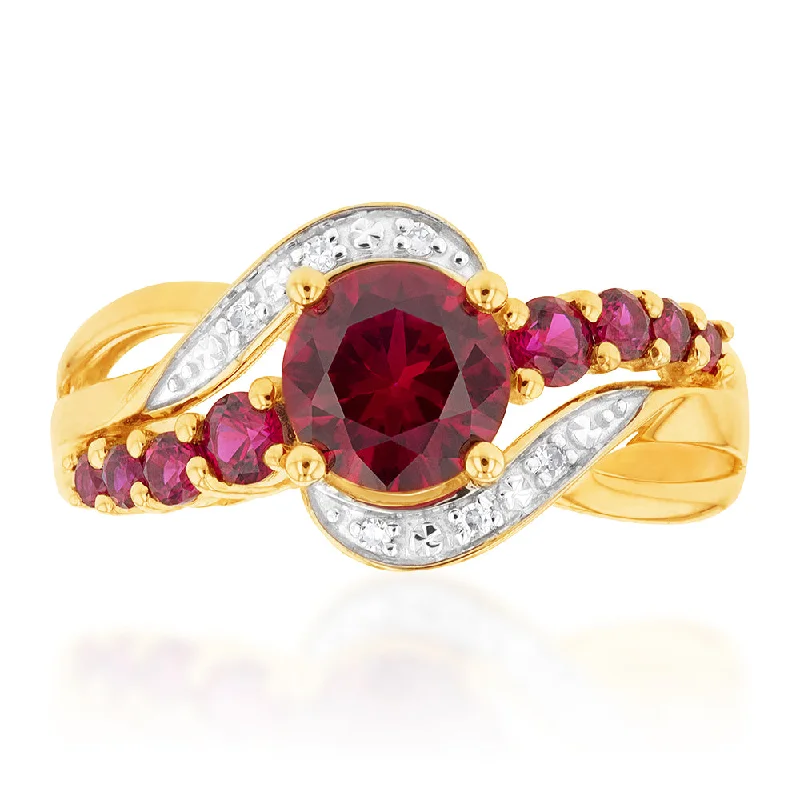 9ct Yellow Gold Created Ruby and 0.15 Carat Diamond Ring