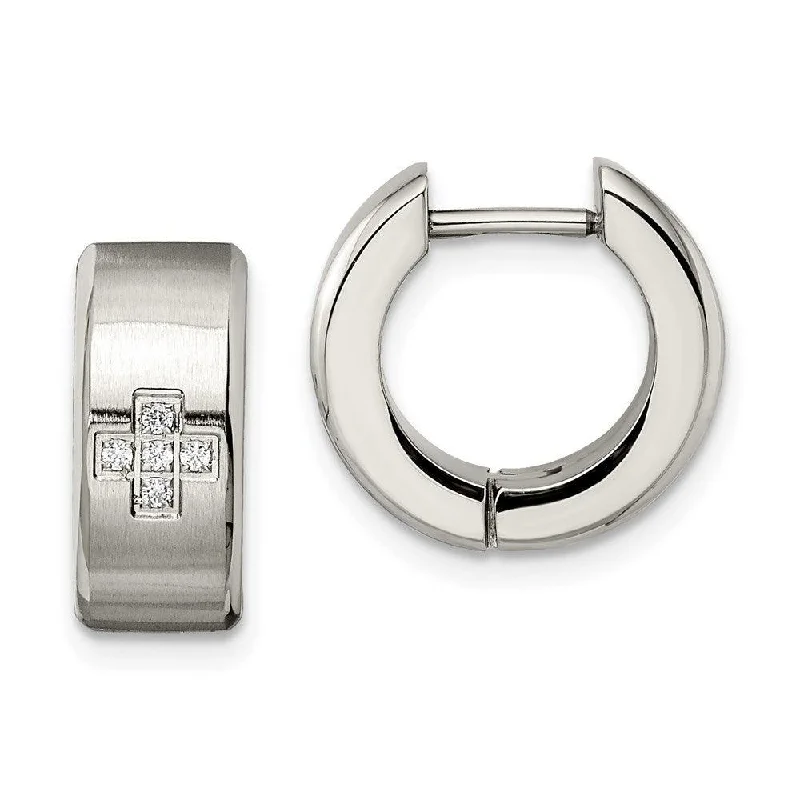 women’s double stud earrings-Stainless Steel CZ Brushed & Polished Hinged Hoop Earrings