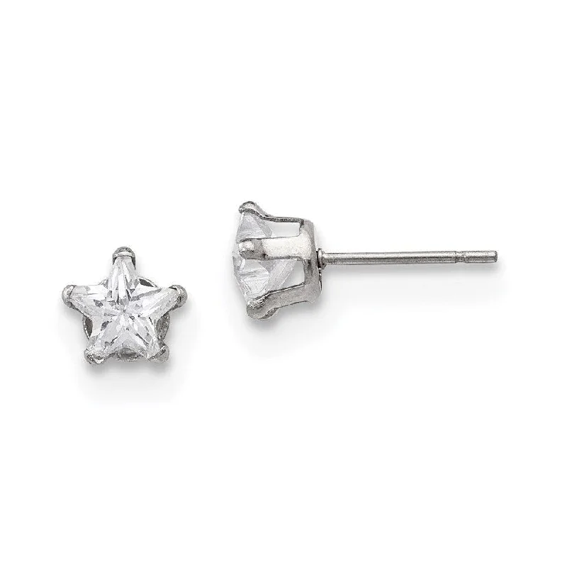 women’s diamond stud earrings-Stainless Steel Polished 6mm Star CZ Stud Post Earrings