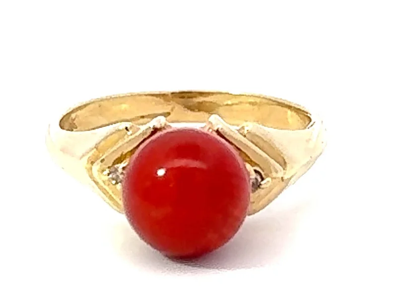 Red Aka Coral Sphere and Diamond Ring 14k Yellow Gold