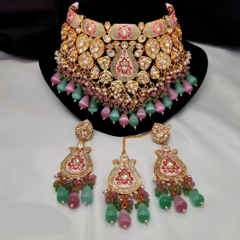 women’s infinity gold necklace-Amoliya Jewels Gold Plated Polki Kundan Stone And Beads Meenakari Choker Necklace Set